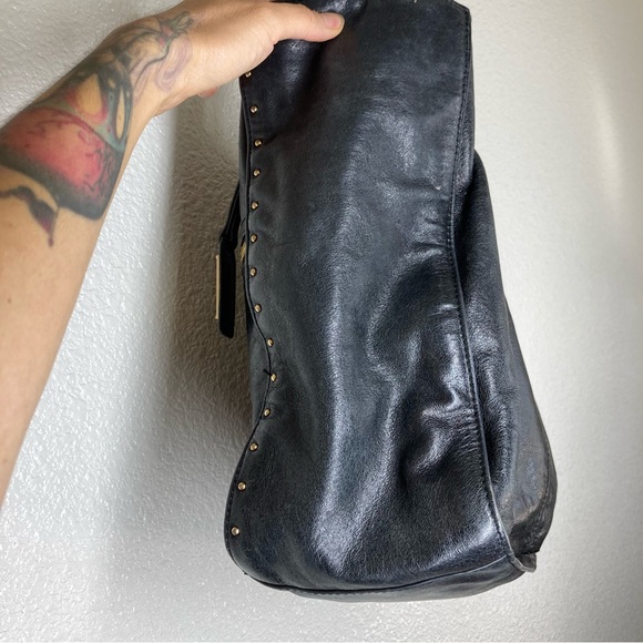 BADGLEY MISCHKA Black Tessa Shine Leather Studded Tote Handbag 17x13" - Picture 5 of 16